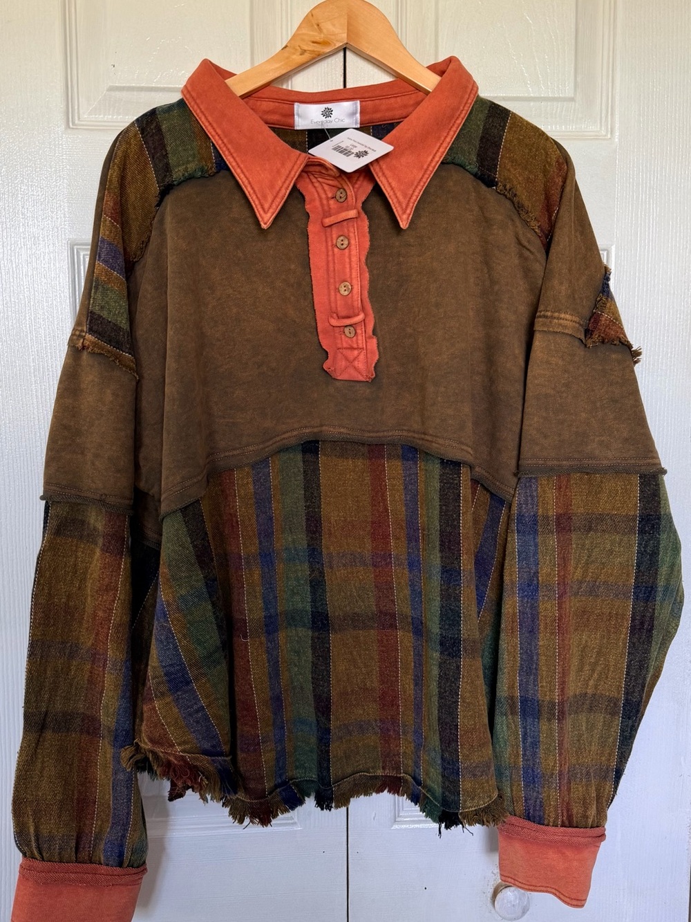 NWT Everyday Chic Hollow Pines Oversized Plaid Pullover Top L Boho